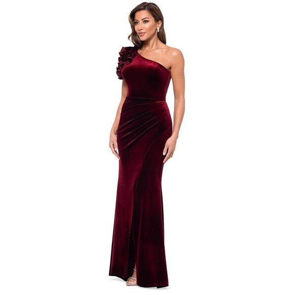 Xscape Evening One-Shoulder Ruffle-Trim Velvet Gown Burgundy Size 8 NWT - Picture 4 of 12
